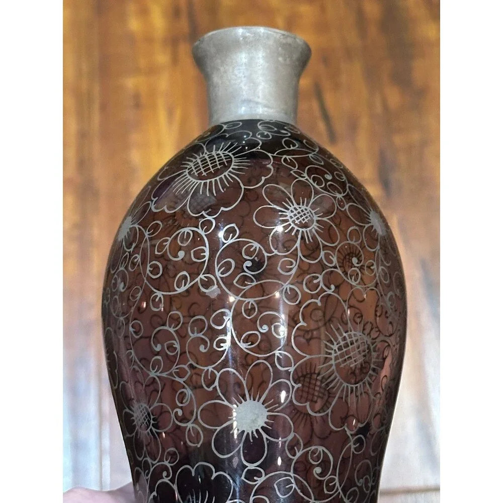 Vintage Venetian Purple Crystal 10” Glass Decanter with Silver Floral Overlay